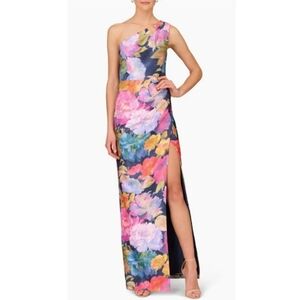 Aidan Mattox One Shoulder Draped Floral Gown With Thigh Slit In Navy Multi